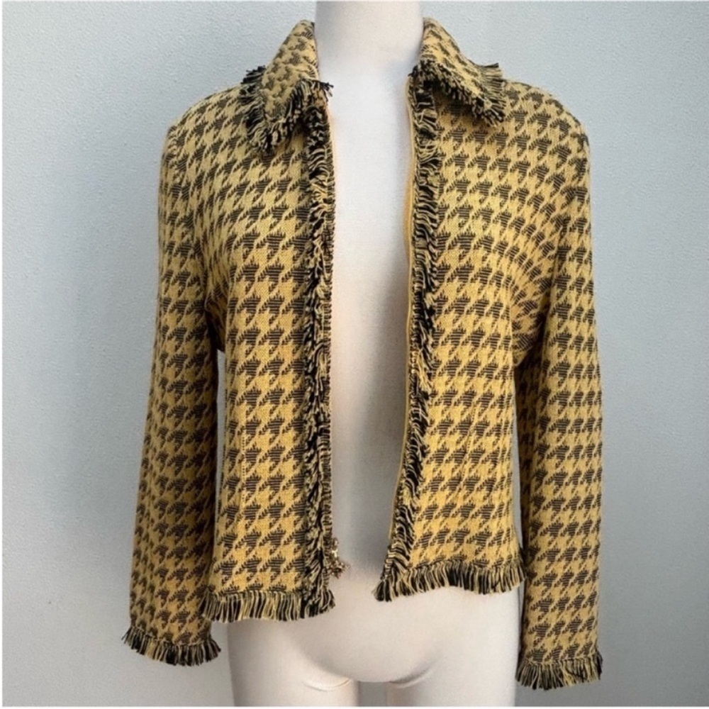 St John Houndstooth Jacket Vintage Fringe Knit Archival Logo Yellow Black Size 8 - Picture 2 of 14